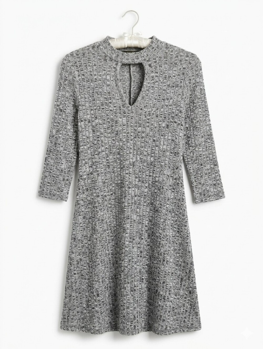 B FAMOUS Gray Ribbed Knit Choker Keyhole Neck Dress ¾ Sleeve Medium